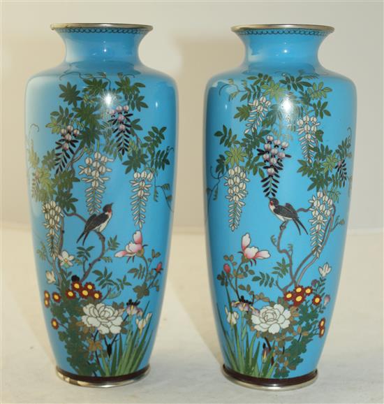 A pair of Japanese silver wire cloisonne enamel vases, early 20th century, 21cm